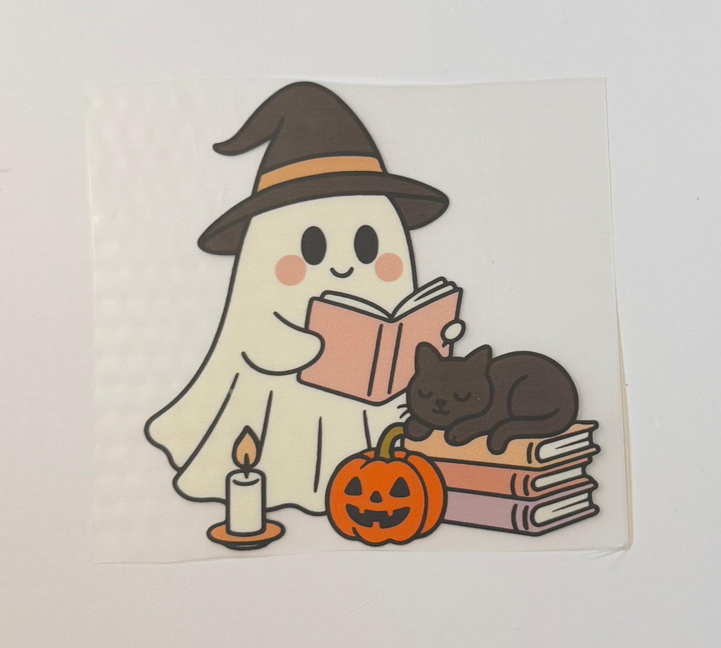 Witch Ghost with Book, Cat, Candle & Pumpkin Heat Transfer – Halloween Iron-On DIY