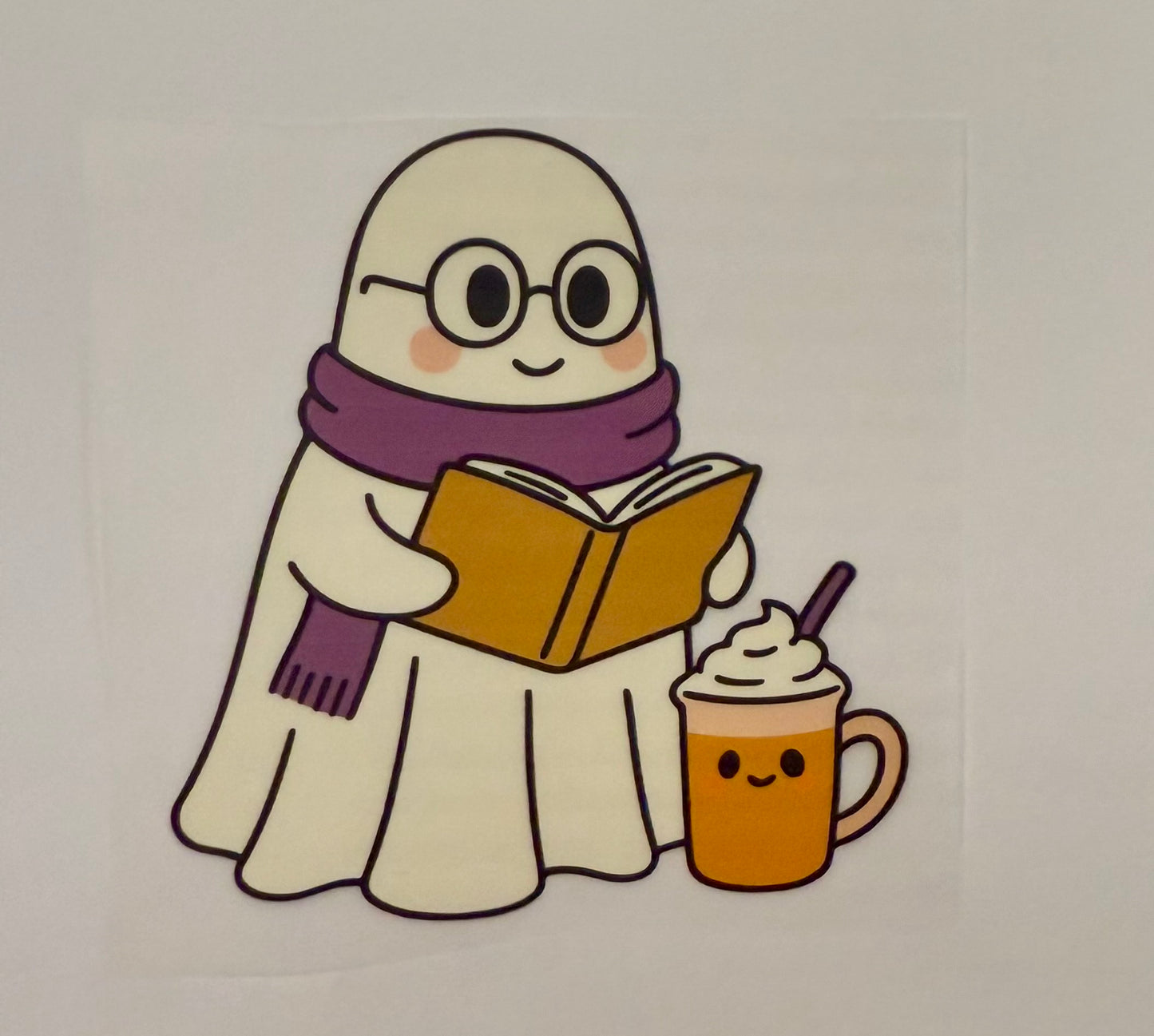 Cozy Ghost with Glasses, Book & Latte Heat Transfer β Halloween Iron-On DIY