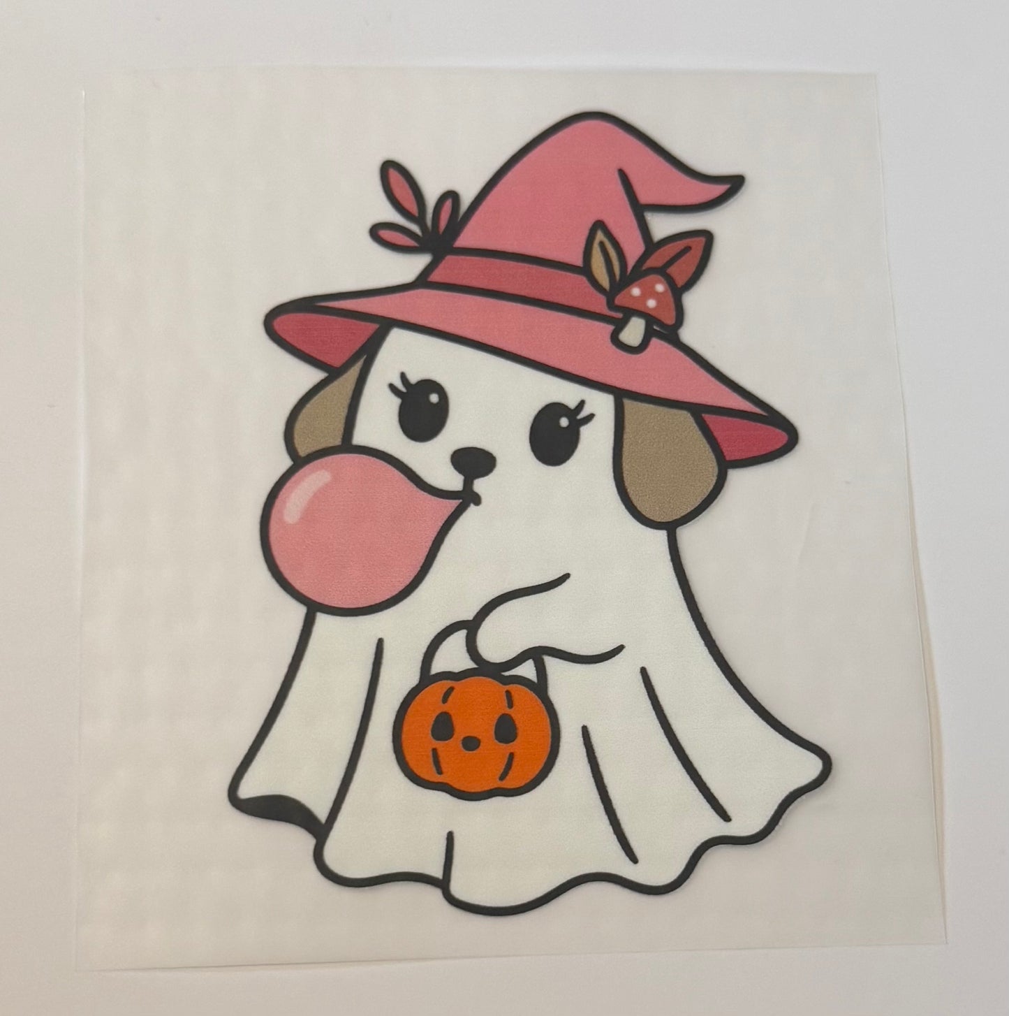 Dog Ghost with Bubblegum, Witch Hat & Pumpkin Heat Transfer – Halloween Iron-On DIY