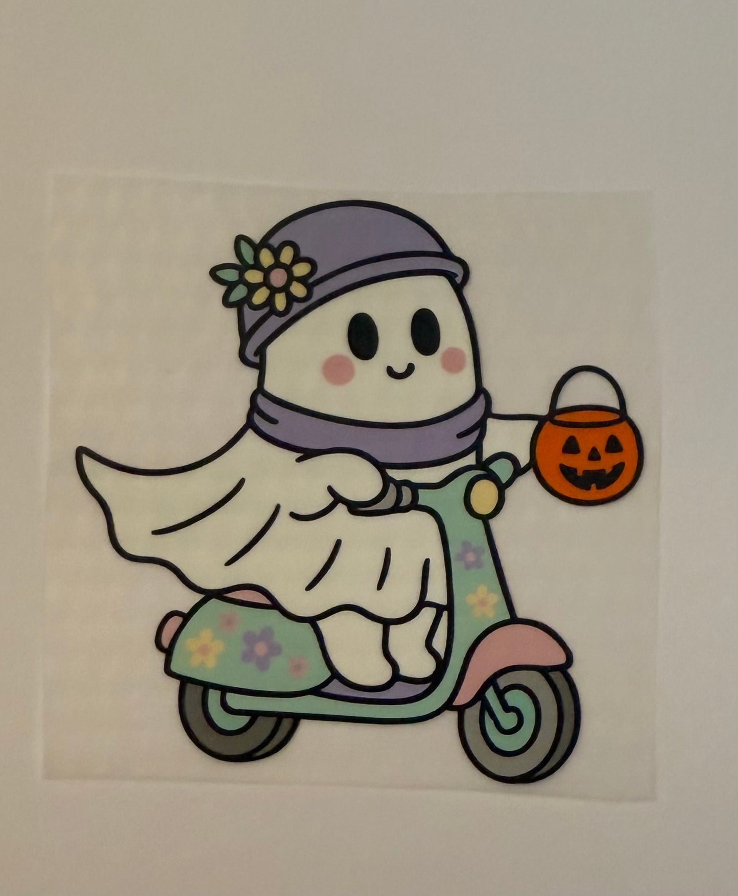 Scooter Ghost with Pumpkin Bucket Heat Transfer – Halloween Iron-On DIY