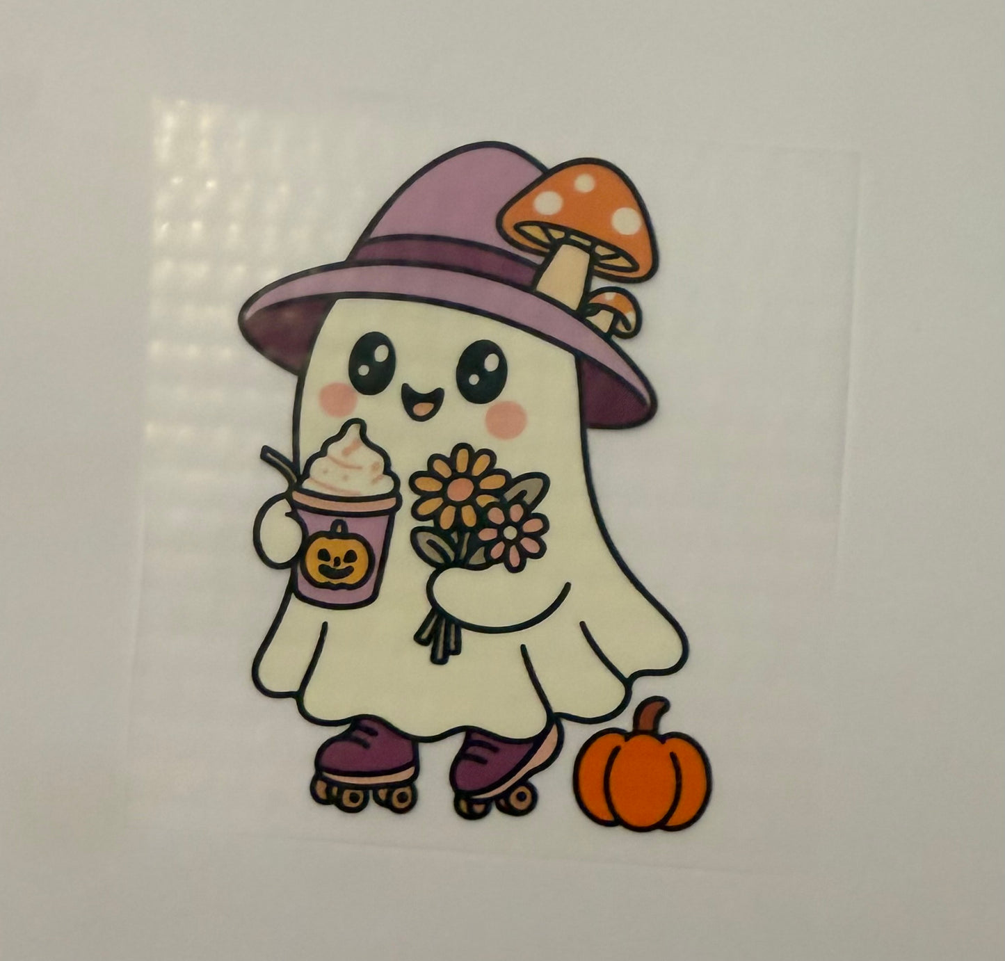Roller Skating Witch Ghost with Flowers & Pumpkin Spice Heat Transfer – Halloween Iron-On DIY