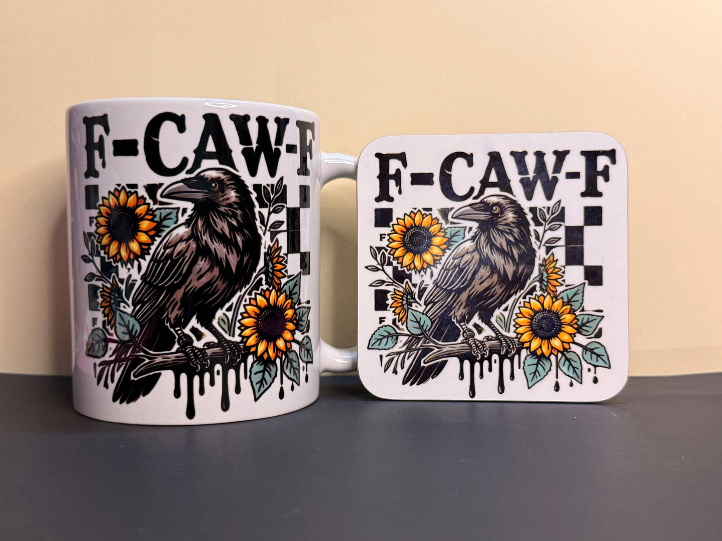 ☕ Mug & Matching Coaster Set – F-CAW-F Raven & Sunflowers Design