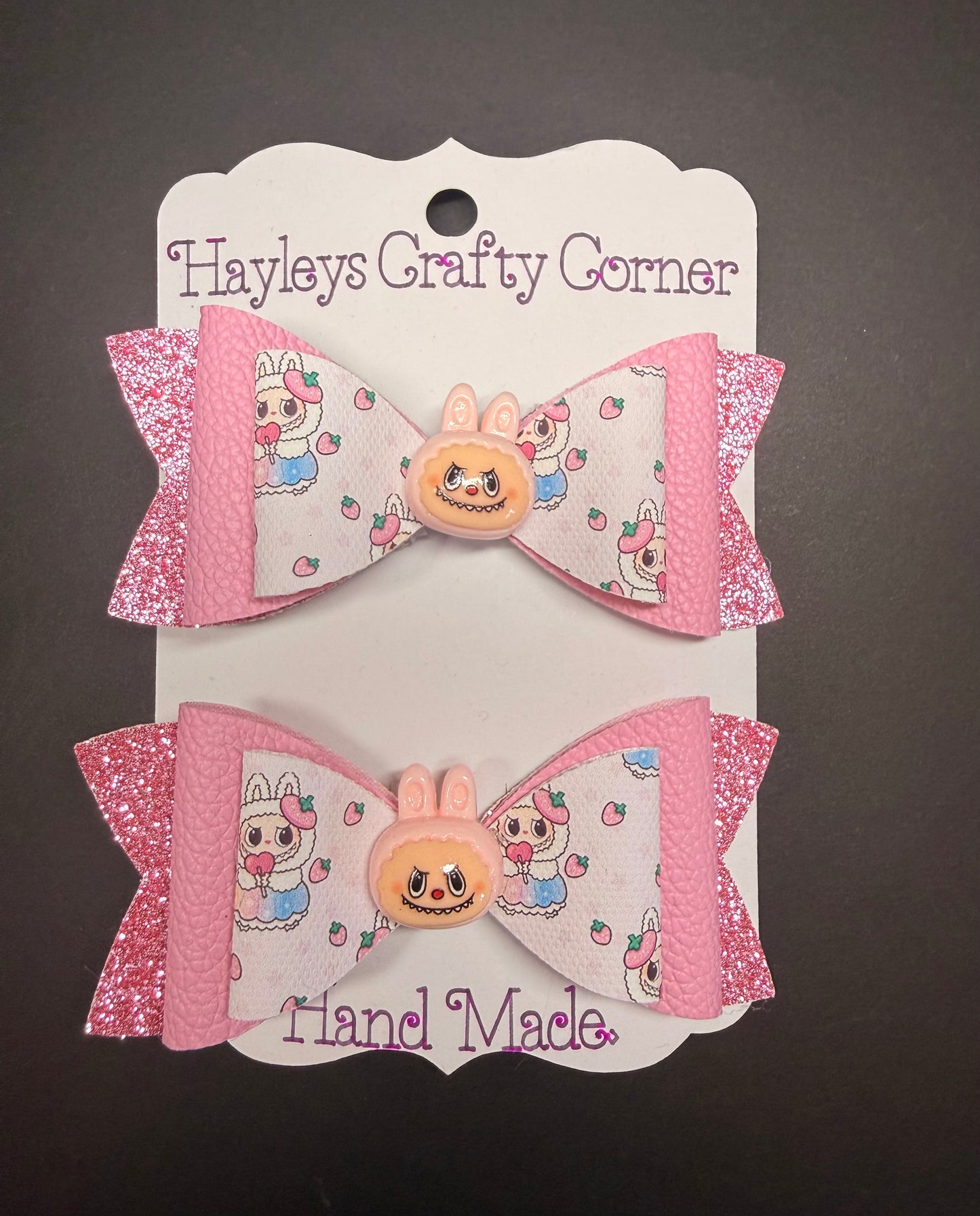 π Handmade Pink Glitter Labubu Bow Set β Cute Hair Accessories