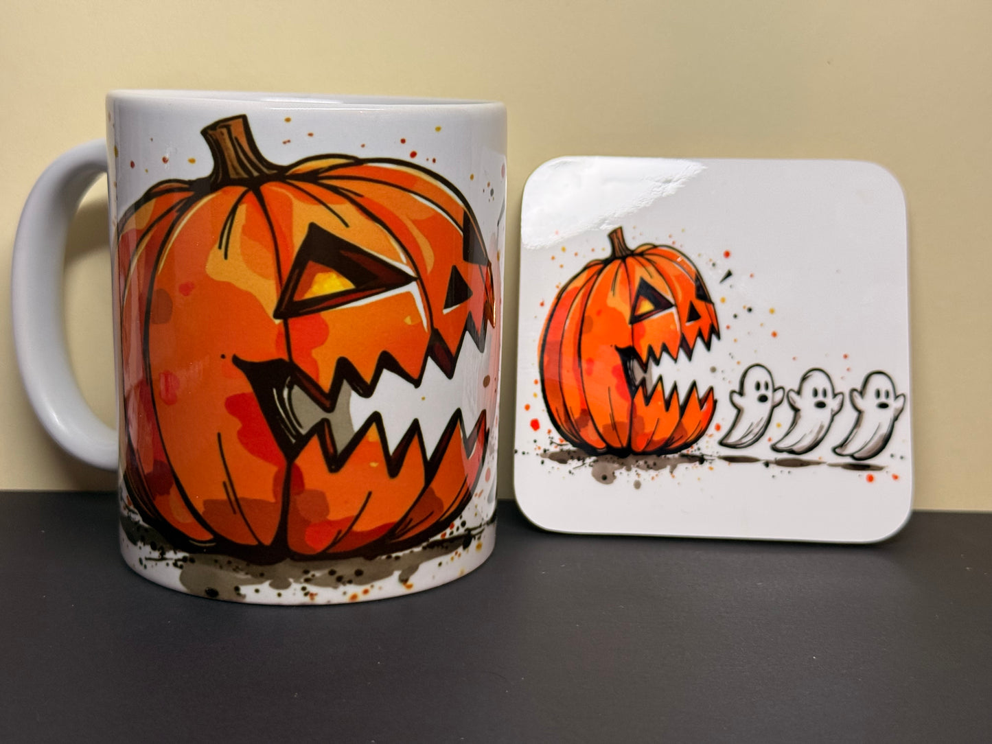 π Halloween Mug & Matching Coaster Set β Pumpkin & Ghost Design