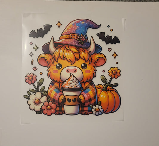 DTF Heat Transfer – Highland Cow Halloween Print (8x8 in)