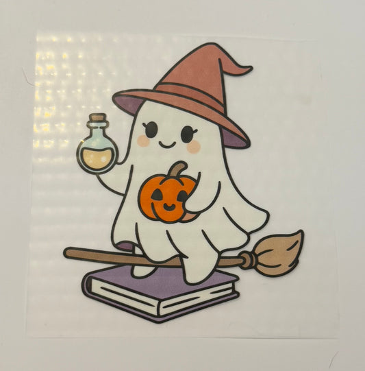 Flying Witch Ghost with Pumpkin & Potion Heat Transfer – Halloween Iron-On DIY