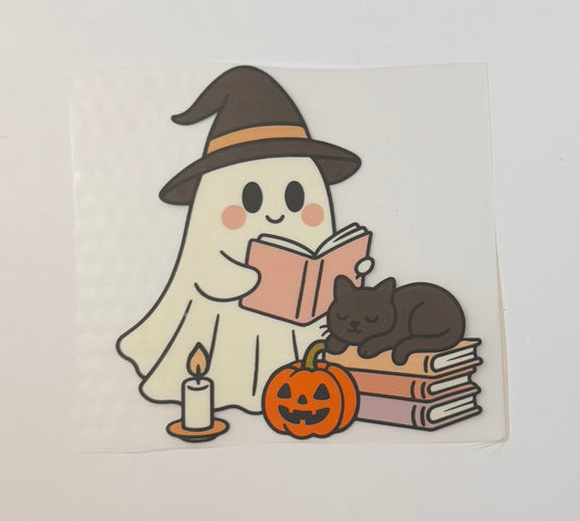 Witch Ghost with Book, Cat, Candle & Pumpkin Heat Transfer – Halloween Iron-On DIY
