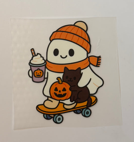 Skateboarding Ghost with Pumpkin Spice, Cat & Pumpkin Heat Transfer – Halloween Iron-On DIY