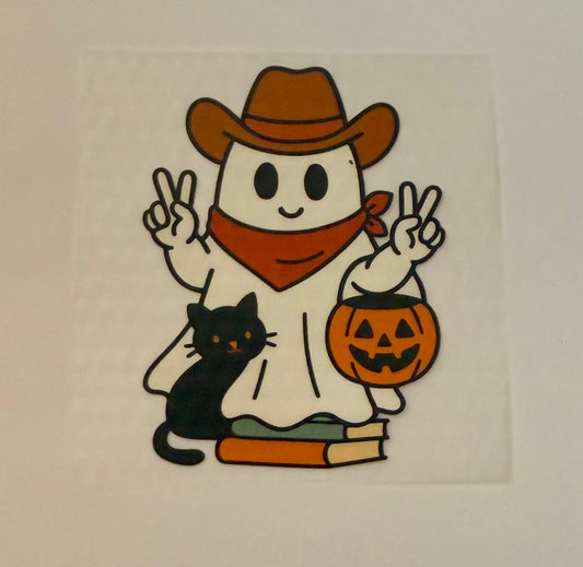 Cowboy Ghost with Cat & Pumpkin Heat Transfer – Halloween Iron-On DIY