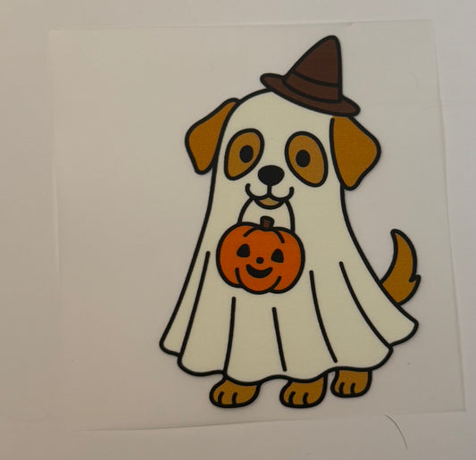 Dog Ghost with Pumpkin Bucket & Witch Hat Heat Transfer – Halloween Iron-On DIY