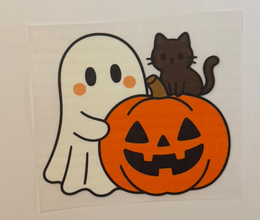 Ghost with Pumpkin & Cat Heat Transfer – Halloween Iron-On DIY
