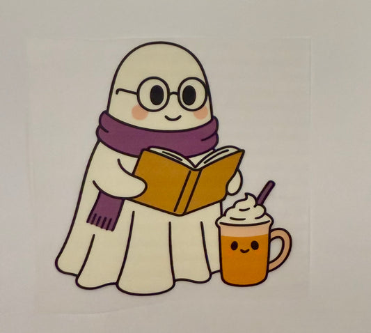 Cozy Ghost with Glasses, Book & Latte Heat Transfer – Halloween Iron-On DIY