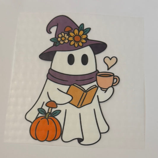 Cozy Witch Ghost with Book, Coffee & Pumpkin Heat Transfer – Halloween Iron-On DIY
