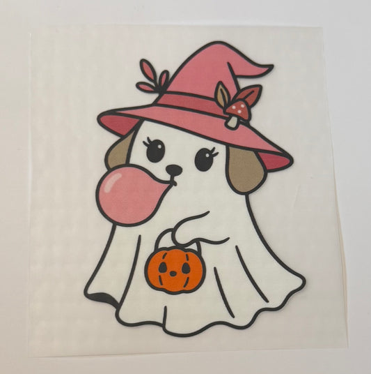 Dog Ghost with Bubblegum, Witch Hat & Pumpkin Heat Transfer – Halloween Iron-On DIY