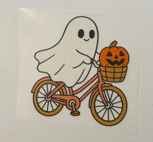 Ghost Riding Bike with Pumpkin Heat Transfer – Halloween Iron-On DIY