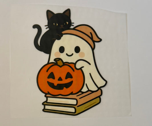 Ghost with Pumpkin, Cat & Books Heat Transfer – Halloween Iron-On DIY