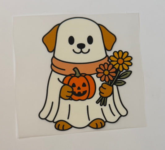 Ghost Puppy with Pumpkin & Flowers Heat Transfer – Halloween Iron-On DIY