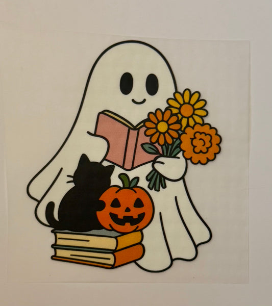 Ghost with Flowers, Book, Cat & Pumpkin Heat Transfer – Halloween Iron-On DIY
