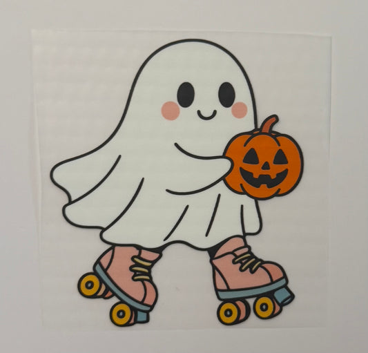 Roller Skating Ghost with Pumpkin Heat Transfer – Halloween Iron-On DIY