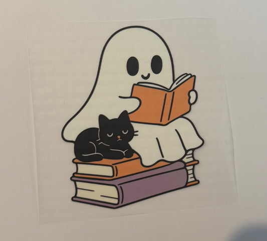 Ghost Reading on Books with Black Cat Heat Transfer – Halloween Iron-On DIY