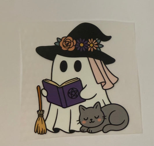 Witch Ghost with Cat & Spell Book Heat Transfer – Halloween Iron-On DIY