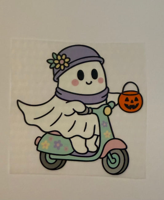 Scooter Ghost with Pumpkin Bucket Heat Transfer – Halloween Iron-On DIY
