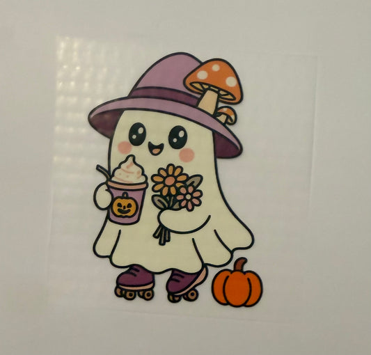 Roller Skating Witch Ghost with Flowers & Pumpkin Spice Heat Transfer – Halloween Iron-On DIY