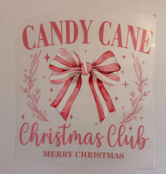 🍭🎀 Candy Cane Christmas Club DTF Heat Transfer – Festive Holiday Bow 🎄✨