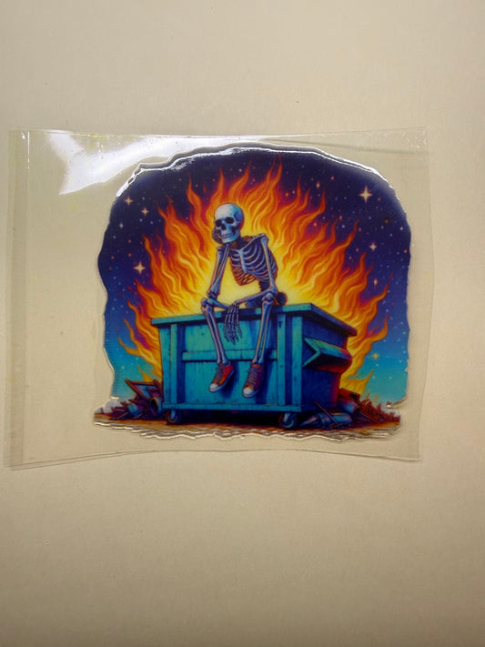🔥 Skeleton Dumpster Fire UVDTF Decal – Funny Chaos Sticker