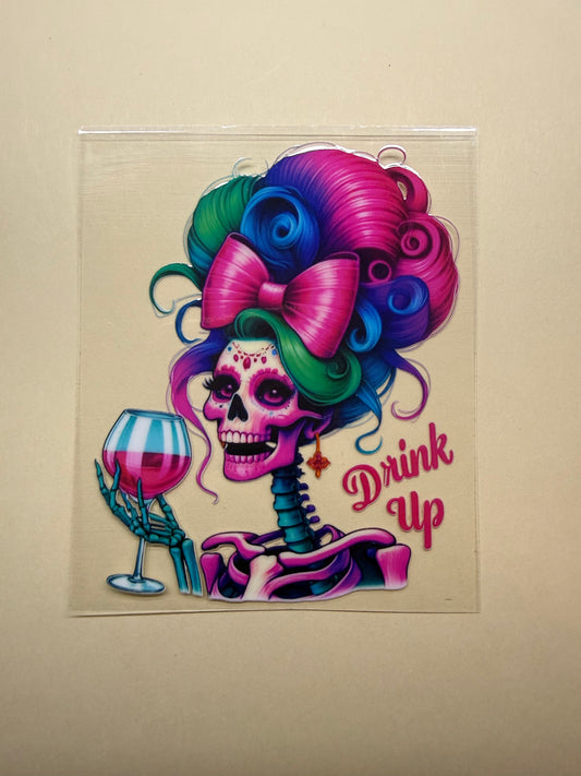 💀 Drink Up Skeleton UVDTF Decal – Colorful Wine Glass Sticker
