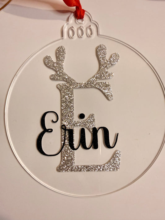 🎅 Personalised Christmas Bauble – Red Glitter Reindeer Initial 🎁