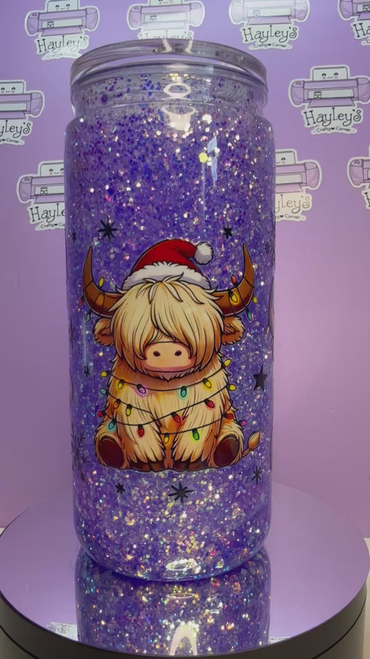 ❄️ 16oz Highland Cow Christmas Snow Globe Cup – Glitter Tumbler 🎄